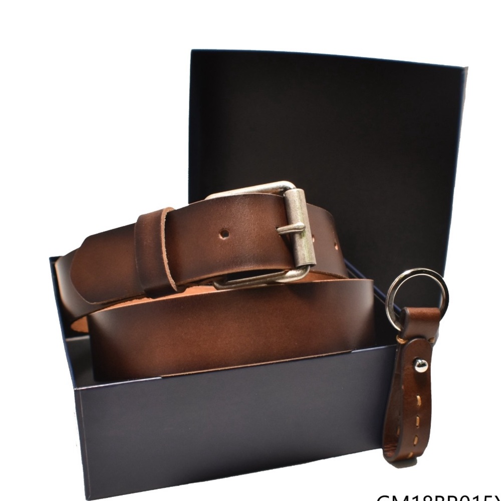 Men's 35MM Wide Brown Leather Belt & Key Fob Set